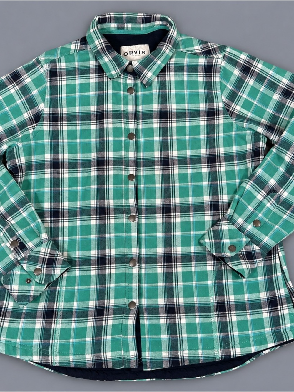 Orvis Flannel Lined Shirt Jacket Size L Green Plaid Snap Button